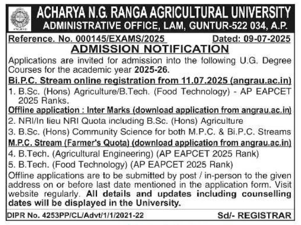 Acharya NG Ranga Agricultural University Admissions 2025 